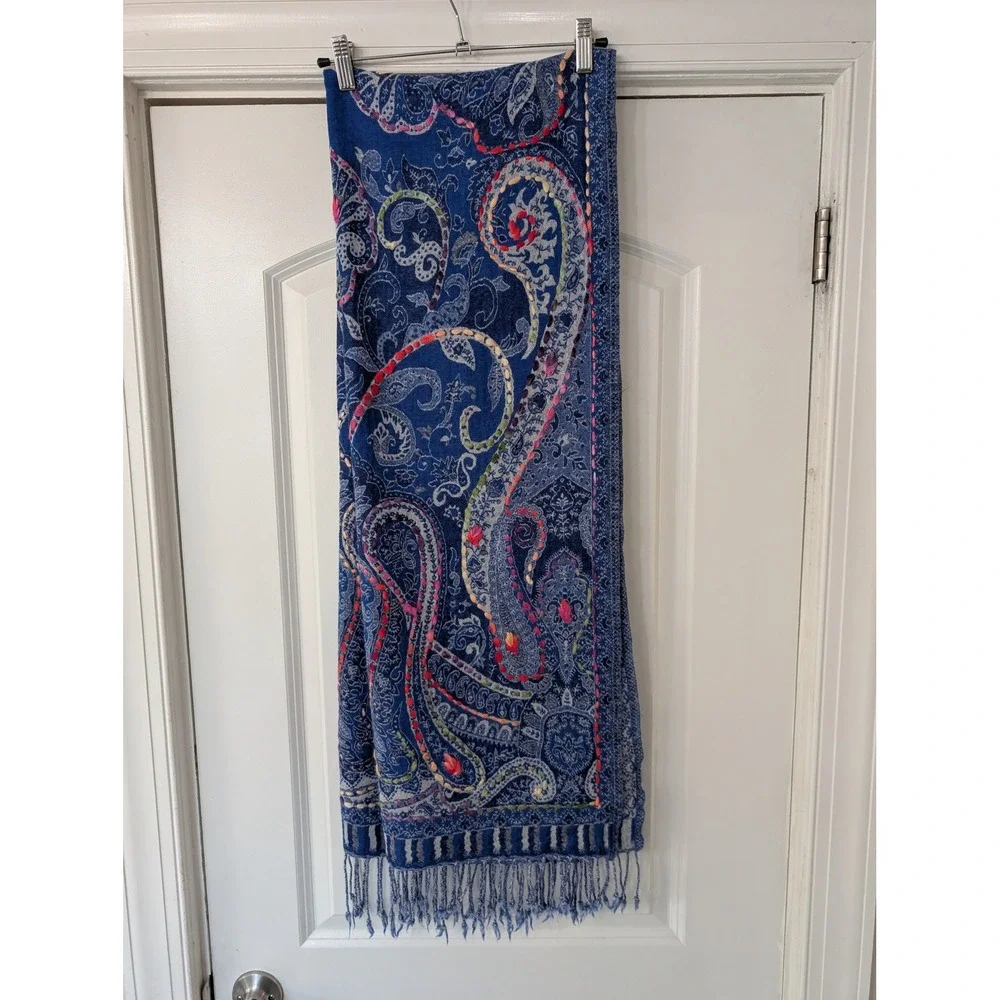 Blue Paisley 100% Wool Scarf Hand Embroidered Kantha Stitch Fringe Made in India